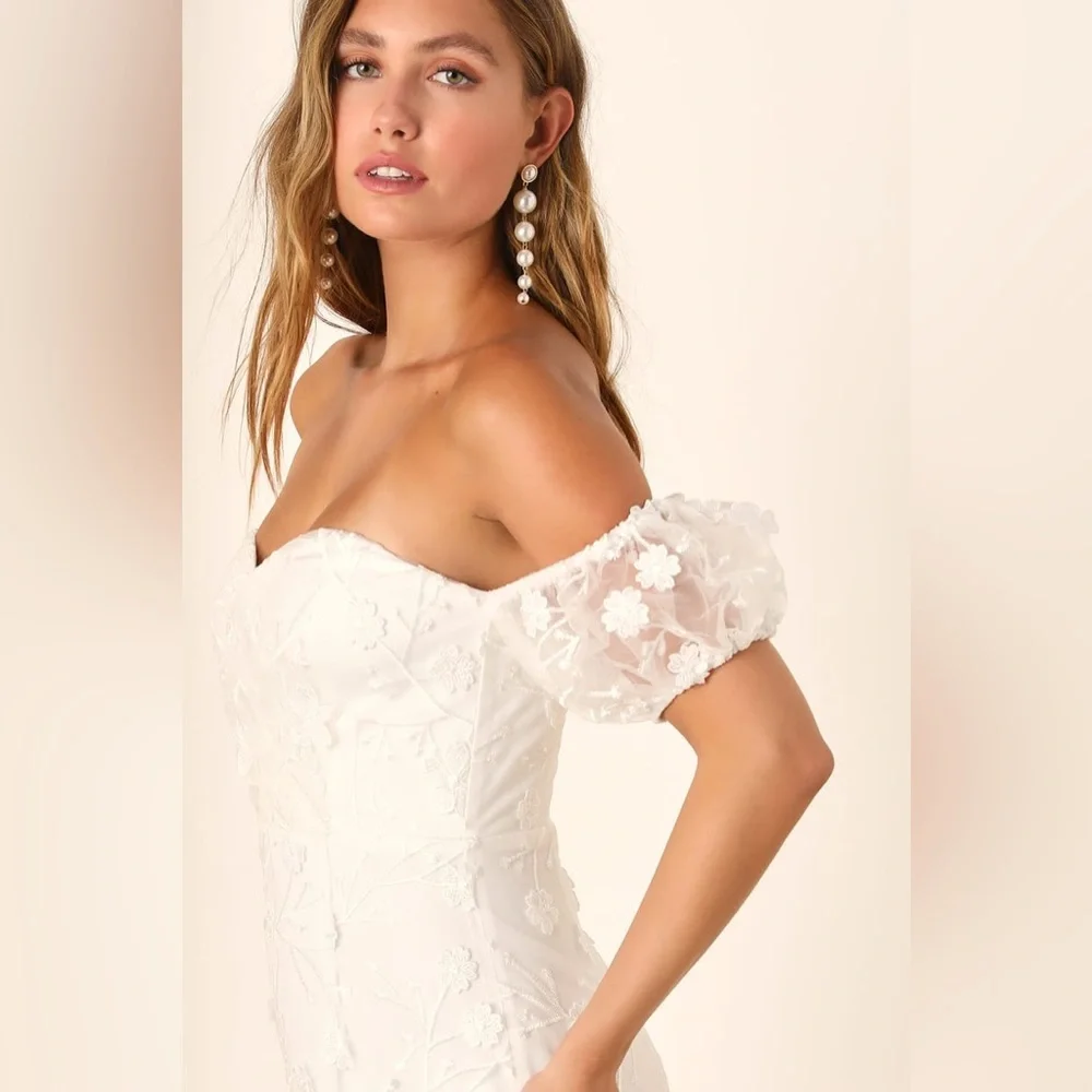 Lulu's Off-Shoulder Lace Wedding Dress in White - Picture 3 of 4